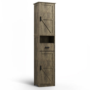 English Elm 69" Slim Tall Storage Cabinet with Barn Doors and Drawer for Small Spaces, Adjustable Shelves, Sturdy Grey W2386P207761