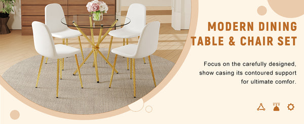 English Elm 4-Piece Modern Luxe Dining Set With Glass Table & Chic White-Gold Chairs For Stylish Interiors W1151S03683