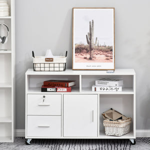 English Elm HOMCOM Mobile Printer Stand & Storage Cabinet with Locking Drawer, 3 Shelves, 4 Casters – White W2225P217762