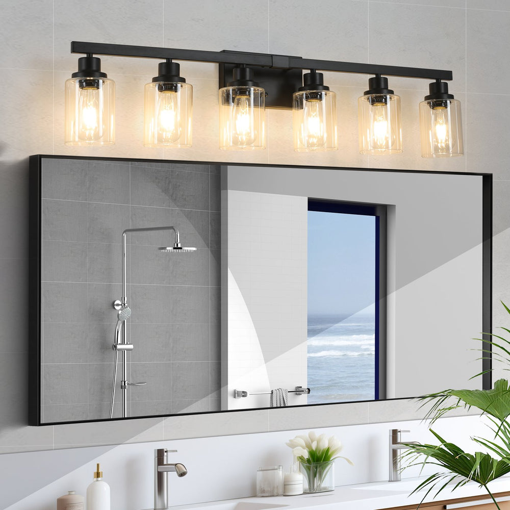 English Elm 37" Modern 6-Light Bathroom Vanity Light Fixture - Sleek Black Iron Frame With Clear Glass Shades W2312P374792