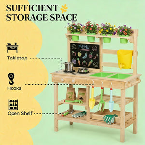 English Elm Wooden Fir Outdoor Play Kitchen for Kids with Dual Sinks Blackboard and 15 Accessories T3971P480683