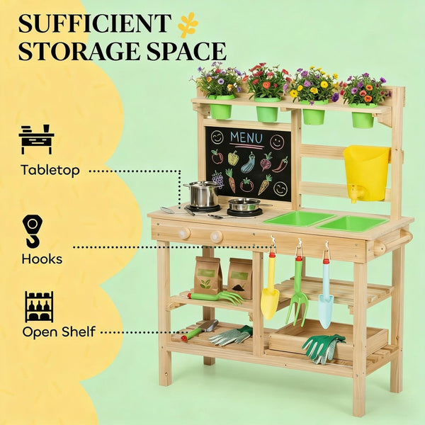 English Elm Wooden Fir Outdoor Play Kitchen for Kids with Dual Sinks Blackboard and 15 Accessories T3971P480683