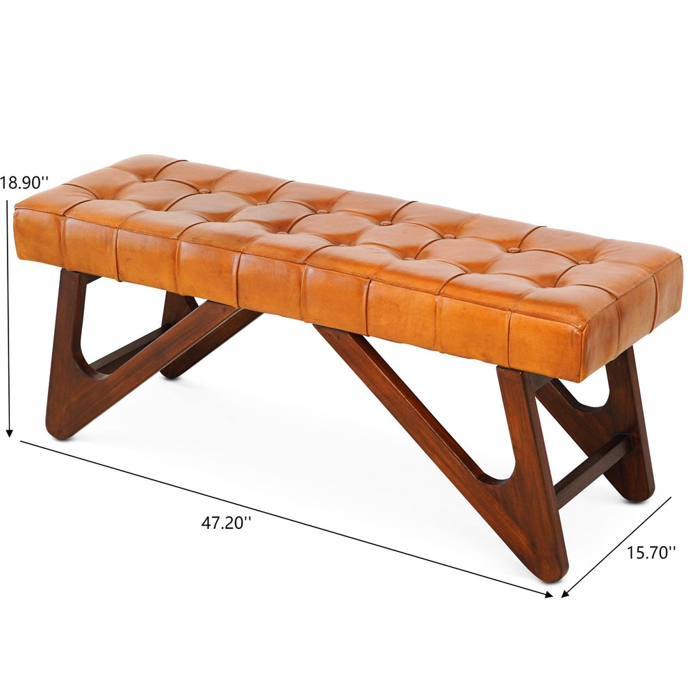English Elm Ashcroft Furniture - Mia Tan Leather Mid-Century Bench with Button Tufting, Solid Wood Frame, Cozy High-Density Foam Sitz B183P232019