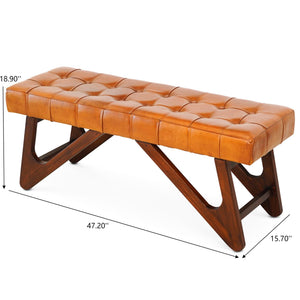 English Elm Ashcroft Furniture - Mia Tan Leather Mid-Century Bench with Button Tufting, Solid Wood Frame, Cozy High-Density Foam Sitz B183P232019