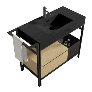 English Elm FORTE 36" Industrial Modular Bathroom Vanity with Durable Metal Frame, Quartz Basin, Soft-Close Drawer Black,Oak W1865S00175