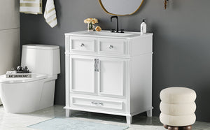 English Elm 30'' Bathroom Vanity with Sink - Retro Solid Wood Frame, Ceramic Basin, Soft-Close Doors & Ample Storage White N710P190656K