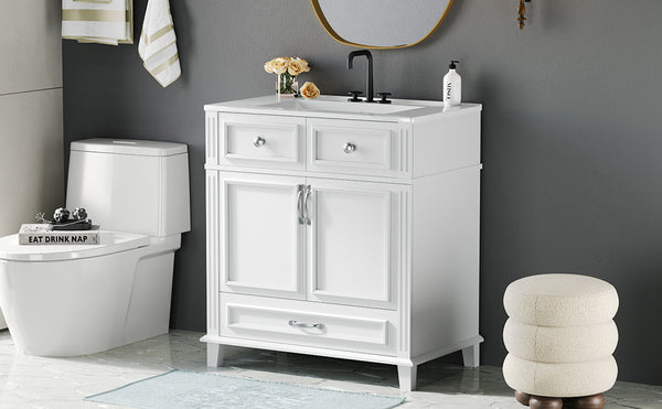 English Elm 30'' Bathroom Vanity with Sink - Retro Solid Wood Frame, Ceramic Basin, Soft-Close Doors & Ample Storage White N710P190656K