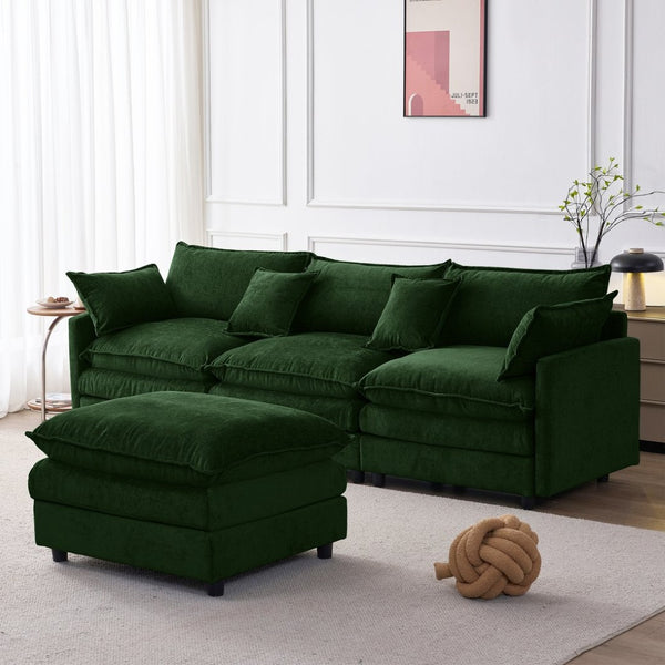 English Elm 105" L-shaped Chenille Sectional with Ottoman Pocket Spring Living Room Sofa Green W1097S00230