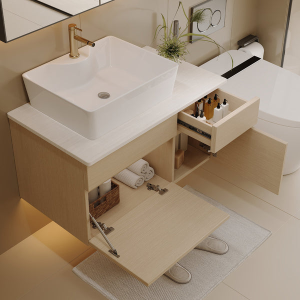 English Elm 31.5 Modern Floating Bathroom Vanity with Vessel Sink, Walnut Finish, Drawer Storage & Bracket Included White,Wood W3136S00019