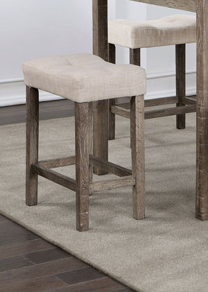 English Elm Transitional 5pc Counter Height Dining Set – Gray Farmhouse Table with 4 Beige Linen-Like Tufted Stools B011P230005