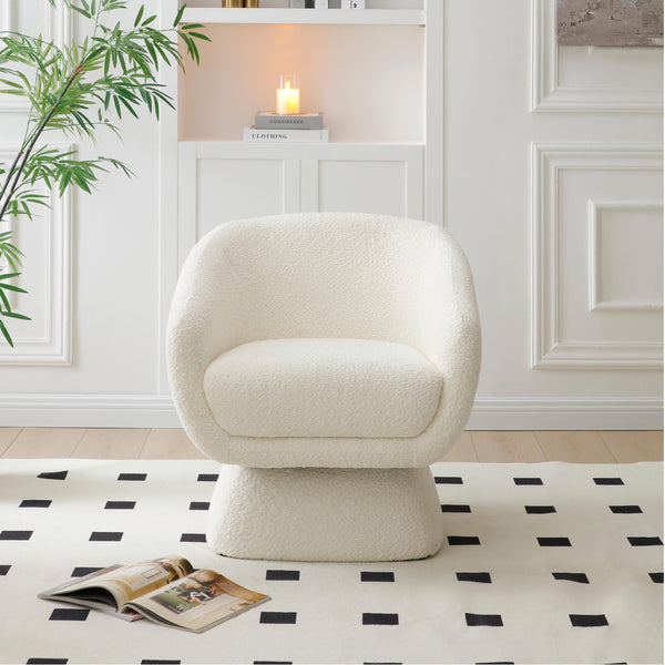 English Elm White Boucle swivel Chair with Solid Wood Frame — Ergonomic Modern Armchair, Durable Comfort W2664P367722