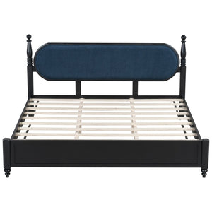 English Elm King Platform Bed Solid Wood Frame Navy Velvet Headboard Modern Bedroom Furniture N770PK379966C