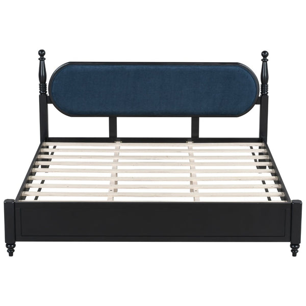 English Elm King Platform Bed Solid Wood Frame Navy Velvet Headboard Modern Bedroom Furniture N770PK379966C