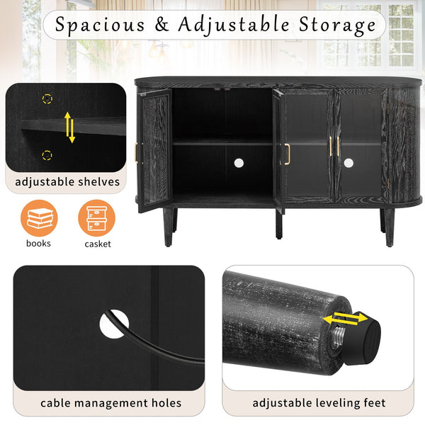 English Elm TREXM Modern Farmhouse Sideboard Cabinet with Fluted Panels, Tempered Glass Doors & Adjustable Shelves Black N715P264923B