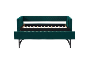 English Elm Twin Velvet Upholstered Daybed with Trundle, V-Pattern Backrest, USB Port, Side Pockets, Sturdy Design Emerald W1361S00043
