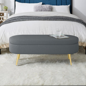 English Elm Ottoman Oval Flannel Storage Bench with Matte Metal Legs for Bedroom or Living Room Dark Gray W487P438628