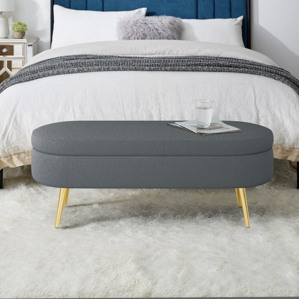 English Elm Ottoman Oval Flannel Storage Bench with Matte Metal Legs for Bedroom or Living Room Dark Gray W487P438628