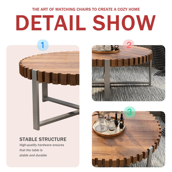 English Elm 31.4-inch Modern Circular Coffee Table with Natural Wood Grain Finish, Handmade Drum Design, Sturdy Base W1727P251174
