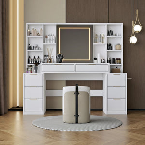English Elm Makeup Vanity Table with Led Mirror Eight Drawers Open Shelves Bedroom Dressing W3393S00004