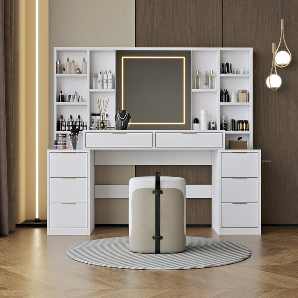 English Elm Makeup Vanity Table with Led Mirror Eight Drawers Open Shelves Bedroom Dressing W3393S00004