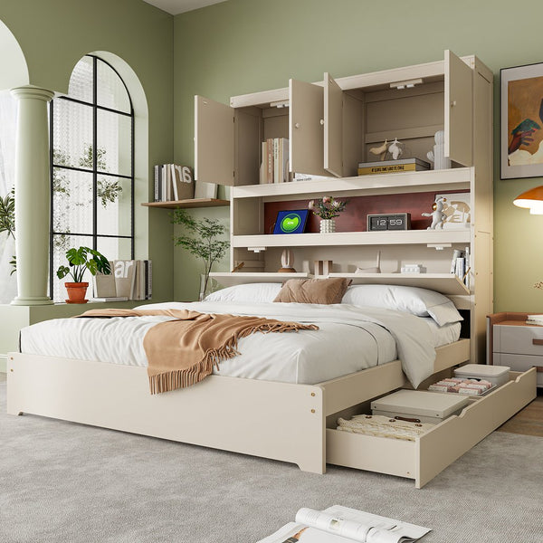 English Elm Full Size Wooden Platform Bed With Usb Charging, Storage Headboard & Elegant Drawers In Cream N820S00045K