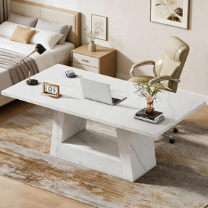 English Elm Spacious Faux Marble Executive Office Desk with Trapezoidal Legs for Modern Workspaces T3971P449349