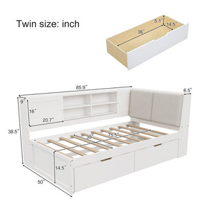 English Elm Wooden Twin L-shaped Corner Bed Pine Frame Bookcase Storage Usb Charging Ports BS701P337660K
