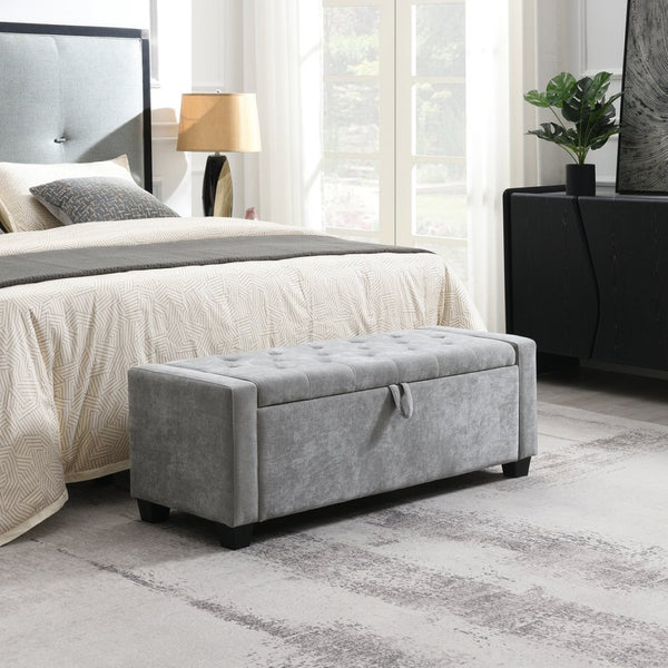 English Elm 48" Tufted Chenille Storage Bench Diamond Stitched Lift Top Seat for Bedroom Entryway Light Grey W2671P386666