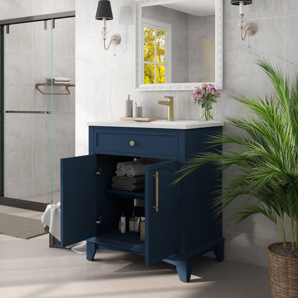 English Elm 27.8" Mid-century Freestanding Bathroom Vanity with Ceramic Sink Drawer and Wood Base Blue W1801S00005