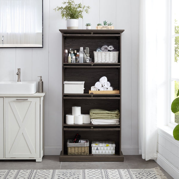 English Elm Glass 4-Tier Display Cabinet with Tempered Glass Doors, Flip-Up Access, Aluminum Frame, Elegant Chic Storage for Collectibles and Books Brown W2275P206601