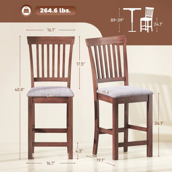 English Elm High Back Counter Stools Set of 2 Rubberwood Frame with Gray Linen Cushioned Seat T3971P476361