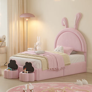 English Elm Twin Size Upholstered Rabbit-Shape Bed With 2 Storage Stools, Velvet Platform Bed With Cartoon Ears Shaped Headboard, Pink