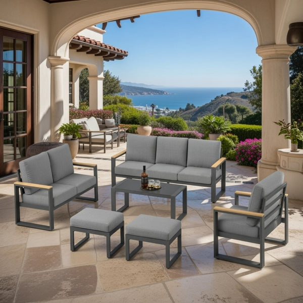 English Elm All-weather 9 Seat Aluminum Patio Conversation Set with Tempered Glass Table Gray B082S00110