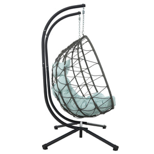 English Elm 2 Person Wicker Hanging Egg Chair with Freestanding Stand Outdoor Patio Swing Seat Blue W1703P444372