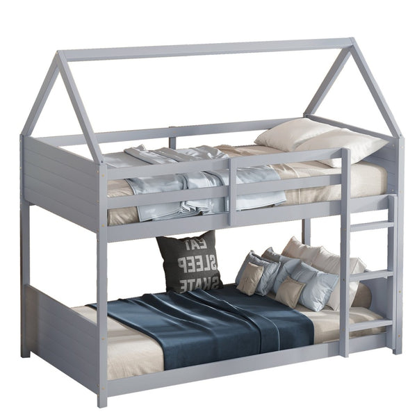 English Elm Twin Over Twin House Floor Bunk Bed With Safety Guardrails, Ladder & Playful Grey Design For Kids W504P314948-GIGA
