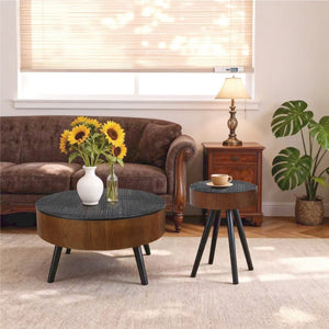 English Elm 31.5-inch Round Carved Wood Coffee Table Vintage Distressed Finish Living Room Accent W3935P406036
