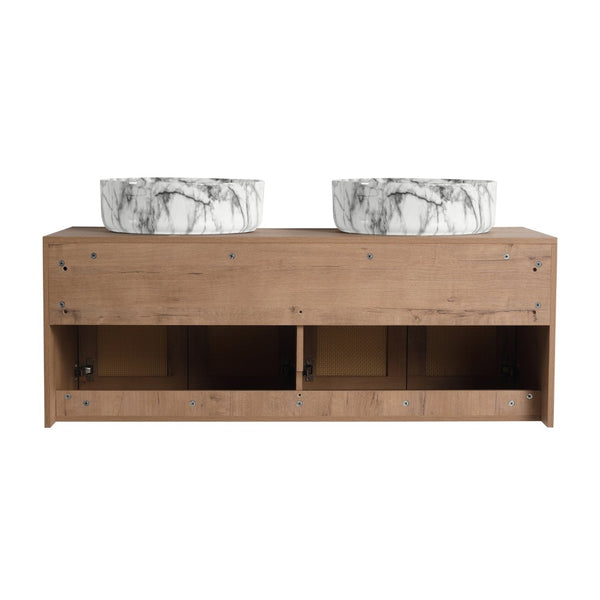 English Elm 48" Floating Bathroom Vanity Oak Finish Dual Ceramic Sinks Four Soft Close Doors W999S00494