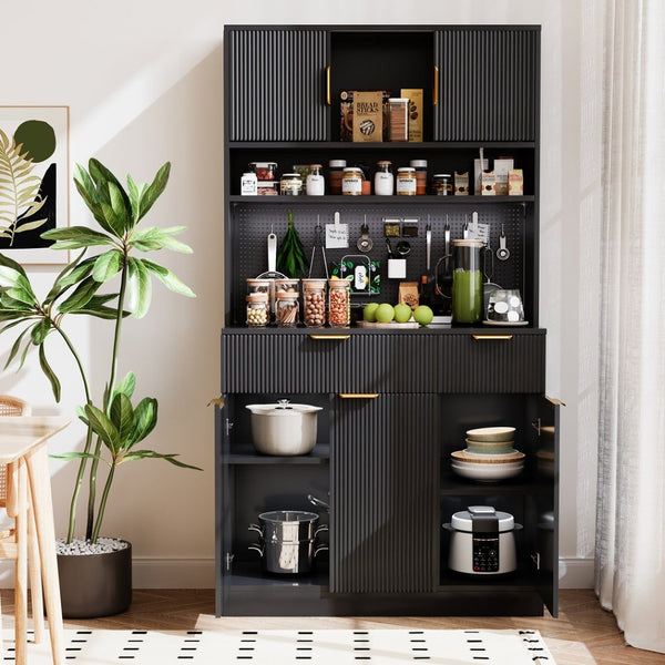 English Elm Pantry Hutch with Fluted Mdf Panels Charging Station Pegboard and Open Shelving T3773P416035