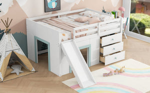 English Elm Full Size Low Loft Bed With Fun Slide, Ample Storage Drawers, And Sturdy Pine Construction - White N7090005003K