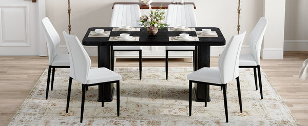 English Elm Table And Chair Set - 64.5" Stylish Black Wood Dining Table With 6 Ergonomic Black & White Chairs W1151S04307-GIGA