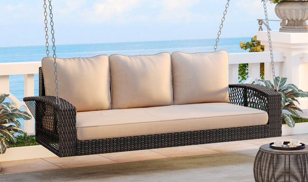 English Elm GO 69" PE Wicker 3-Person Porch Swing with 800lb Capacity, Cushioned Patio Bench for Backyard Relaxation Brown N704P250643D