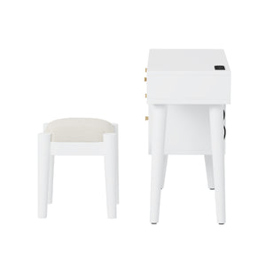 English Elm 39" Retro Bohemian Makeup Vanity Set with Rattan Drawers, USB Charging Port, Cushioned Stool, 4-Drawer Storage White 44.1 L x 18.75 W x 10.5 H N733P180011K