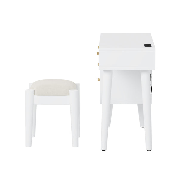 English Elm 39" Retro Bohemian Makeup Vanity Set with Rattan Drawers, USB Charging Port, Cushioned Stool, 4-Drawer Storage White 44.1 L x 18.75 W x 10.5 H N733P180011K