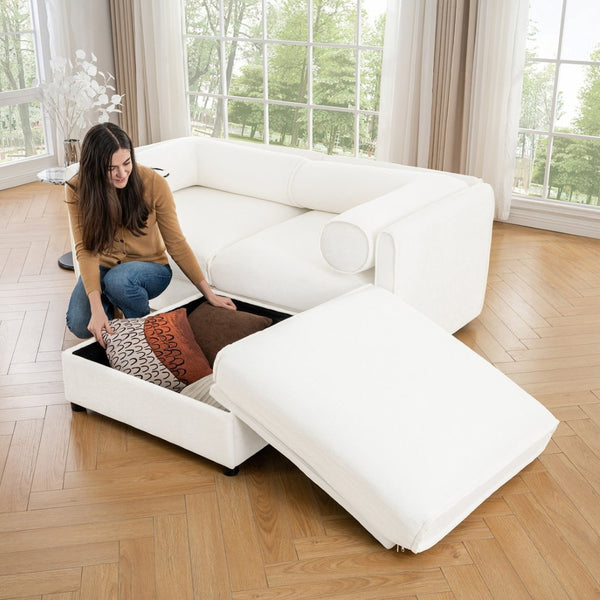 English Elm Stylish White Chenille 2-Seater Loveseat With Hidden Storage, Ergonomic Support, And Modern Design W714S01035-GIGA