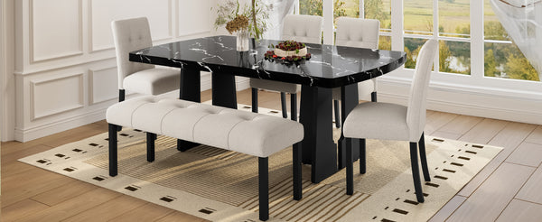 English Elm 6 Piece Dining Set with Rectangular Solid Wood Table, Upholstered Chairs & Bench, Rustic Charm, Easy Assembly, Seats 6 Beige,Black N752S000011A