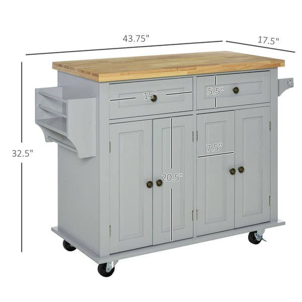 English Elm HOMCOM Mobile Kitchen Island Cart with Rubberwood Butcher Top, Locking Casters, Drawers & Shelves for Organized Prep and Storage Grey W2225P173893
