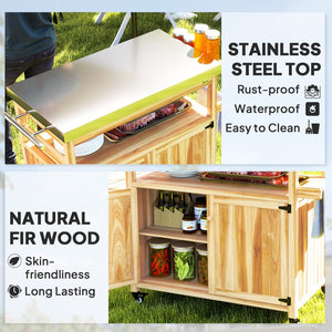 English Elm Outsunny Outdoor Kitchen Cart Solid Wood Steel Top Cabinets Spice Rack on Wheels W2225P485588