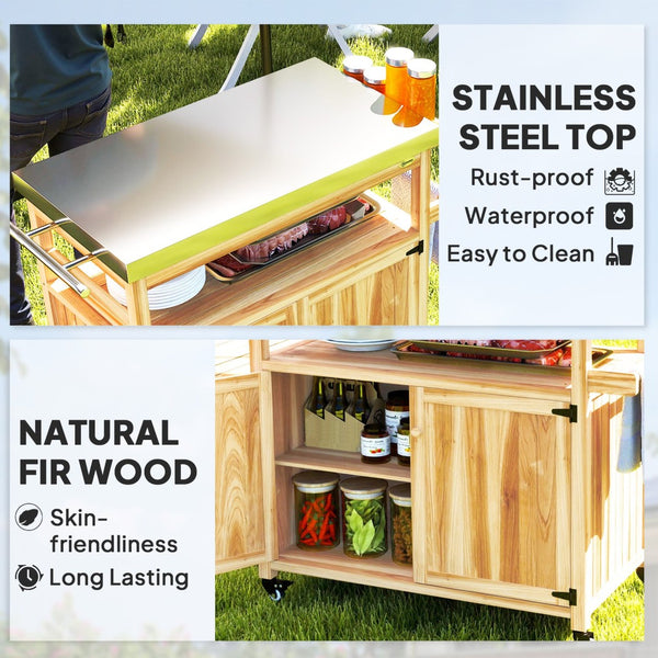 English Elm Outsunny Outdoor Kitchen Cart Solid Wood Steel Top Cabinets Spice Rack on Wheels W2225P485588