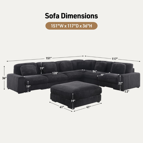 English Elm Sloane 151"W Charcoal Corduroy L-Shaped Modular Sectional Sofa & Ottoman For Stylish Comfort B061S00918-GIGA