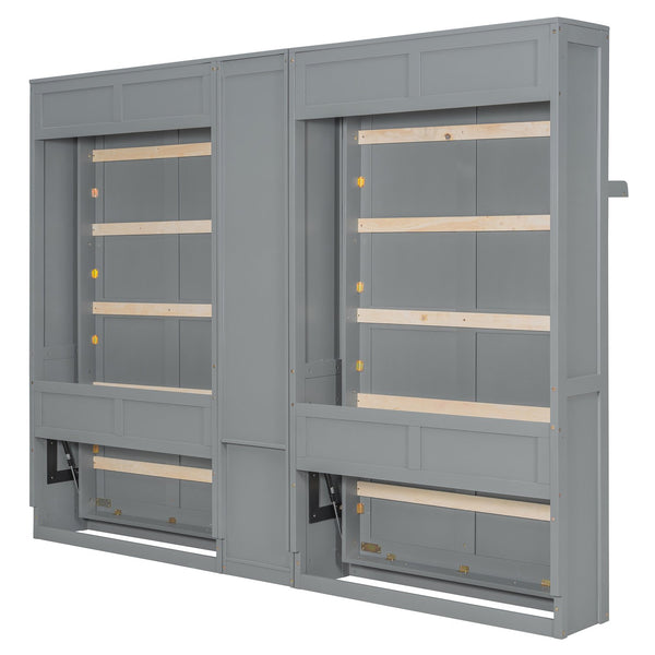 English Elm Dual Twin Murphy Beds with Built-In Cabinets & Shelves for Space-Saving Guest Rooms and Studios Gray N820S00058E